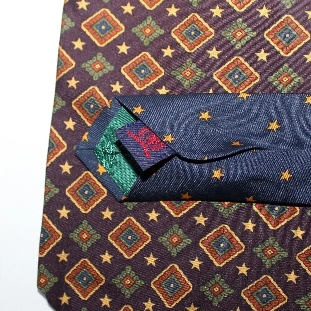Vintage Tommy Hilfiger Necktie 100% silk brown blue stars USA preppy